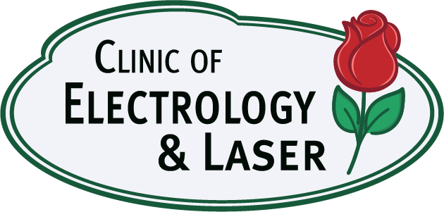 Company Logo - a white oval shape with green double lined border that has the name Clinic of Electrology & Laser in the center of the oval with a red rose graphic to the right of the name.